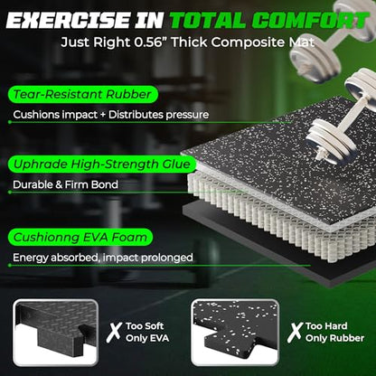 PRAISUN 0.56" Rubber Top Gym Flooring, Heavy Duty Gym Mats for Home Gym - size: 6 Tiles (24 Sq Ft)