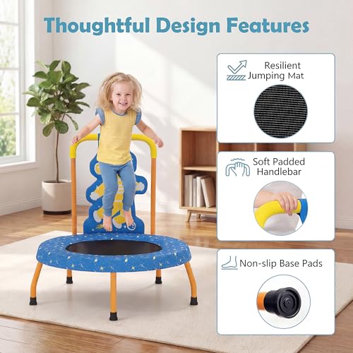 GYMAX Toddler Trampoline, 175lbs Springfree Kids Trampoline with Padded Handlebar & No-Gap Safety Cover, Small Mini Indoor Trampolines for Boys and Girls - color: Astronaut