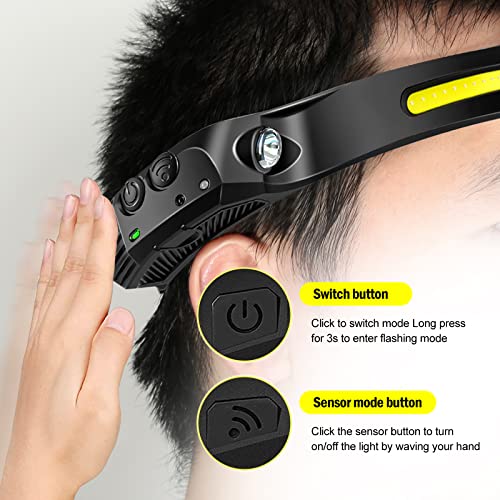 AURUZA 2PCS Headlamp Flashlight, Rechargeable LED Headlamps 2 COB 230°Wide Beam Headlight with Motion Sensor Bright 5 Modes Lightweight Waterproof Head Lamp for Outdoor Running, Camping Hiking