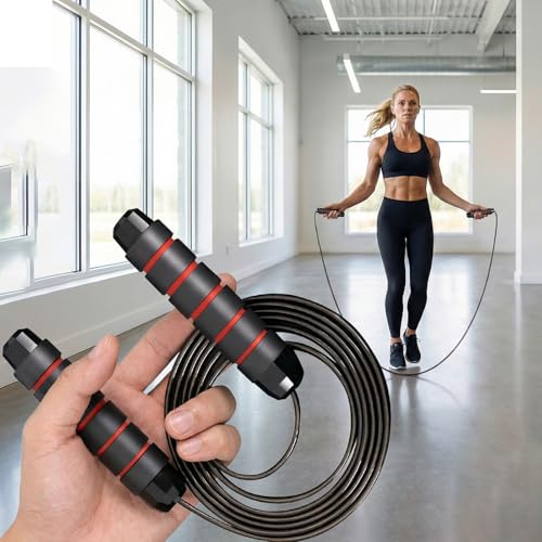 Cardio Workout Rope for Training-Steel Wire Jump Rope,Fitness Jump ope,Steel Jumps Rope with Foam Handles - color: Red