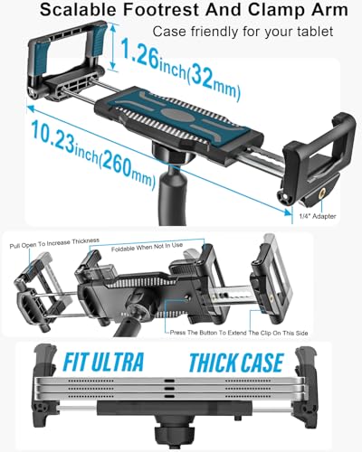 Gooseneck Spin Bike Tablet Holder [Large Clamp] [Thick Case Friendly] Treadmill Tablet Mount for Exercise Bike, Stationary Bicycle, Stroller, Wheelchair for iPad Pro Air Mini, Galaxy, iPhone (6-15.6”)