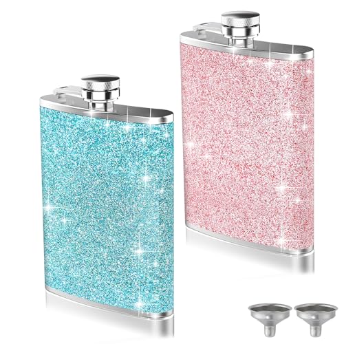 2-Pack 8 Oz Bling Hip Flasks for Liquor, Hianjoo Leakproof Stainless Steel Flasks with Funnel Pocket Flask for Women, Portable Metal Flask for Camping Activity Wedding Party Gift, Pink and Blue - color: Pink and Blue