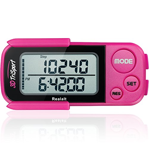 Realalt 3DTriSport 3D Walking Pedometer with Clip & Strap, Accurate Step Counter with 30-Day Memory, Distance in Miles/KM with Large Display Perfect for Seniors & Beginners, eBook Included - color: Magenta