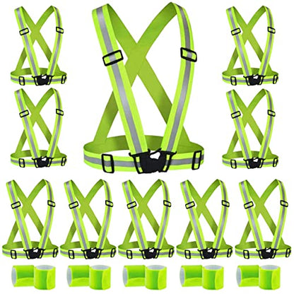 10 Pack Reflective Running Vests with Slap Bands, High Visibility Safety Reflective Reflector Vest Running Gear for Night Walking Cycling Hiking Jogging - color: A-10pcs Green Vests