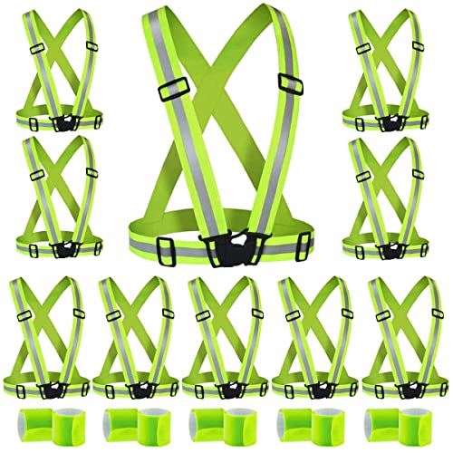 10 Pack Reflective Running Vests with Slap Bands, High Visibility Safety Reflective Reflector Vest Running Gear for Night Walking Cycling Hiking Jogging - color: A-10pcs Green Vests