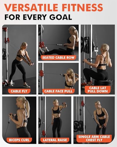 Mikolo Wall Mount Cable Station, Cable Crossover Machine with Dual Pulley System and 19/27 Adjustable Positions for Home Gym Fitness Equipment - color: RED, size: G3 Package(100LB Black Plates)