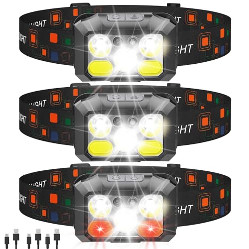 Rechargeable LED Headlamp 3-Pack, 800 Lumens, USB-C, IPX4 Waterproof, 8 Modes, Red & White Light — Lightweight, Adjustable; for Camping, Hiking, Running, Fishing & Repairs - color: Black