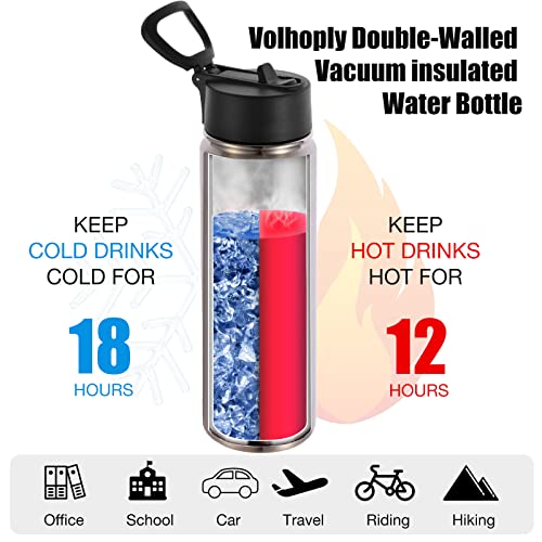Volhoply Insulated Water Bottles with Straw Bulk 2 Pack, 22 oz Stainless Steel Sports Bottle with Handle Lid, Double Walled Vacuum Metal Cups Cup, Reusable Cold Water Flask for Hiking(Silver,2 Set) - color: Silver