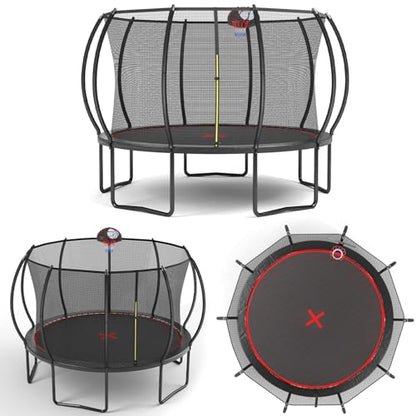1500 LBS 8FT 12FT 14FT 16FT Trampoline for Kids and Adults, Outdoor Trampoline with Enclosure Net, Sprinkler, Water Ball, Large Trampoline with Lights with Music Speaker, Socks - ASTM Approved - color: Black 12FT