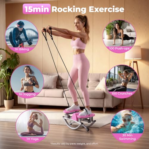 Rocking Stepper with Resistance Bands, 3D Side-to-Side Motion Mini Stepper for Women Home Workout, Low Impact Lateral Step Machine with Non-Slip Mat and Digital Counter, 250lbs Capacity