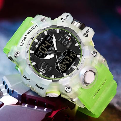 FANMIS Men's Analog Digital Sports Watch 50M LED Backlight Military Watch - color: Transparent Green