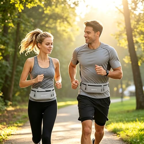 1 Pack Gray Slim Running Belt Fanny Pack, Waterproof Waist Pack Phone Holder, Adjustable Sport Waistband for Men Women, Workout Jogging Fitness Outdoor Activities