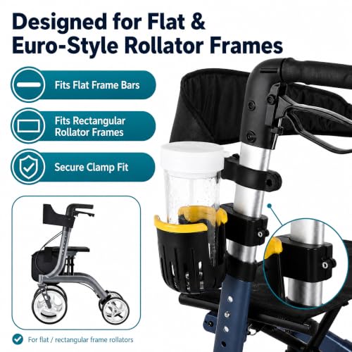 Walker Cup Holder for Rollator, Clip-On Drink Holder for Flat Frame Walkers