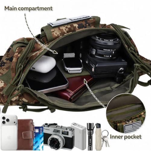 Hiking Fanny Pack Waist Bag, Portable Tactical Fanny Pack with 5 Zipper Pockets, Large Crossbody Waist Belt Hip Bag for Men Women Fishing Travel Cycling Bumbag with U.S Patch - Woodland Camo - color: Woodland Camo