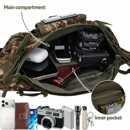 Hiking Fanny Pack Waist Bag, Portable Tactical Fanny Pack with 5 Zipper Pockets, Large Crossbody Waist Belt Hip Bag for Men Women Fishing Travel Cycling Bumbag with U.S Patch - Woodland Camo - color: Woodland Camo
