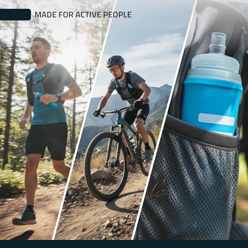 FITLY Soft Flask 17 oz 500ml (2 Pack), Collapsible Running Water Bottles for Hydration Pack and Running Vest, BPA Free Soft Water Bottles with Bite Valve for Hiking, Cycling & Skiing - Black & Blue