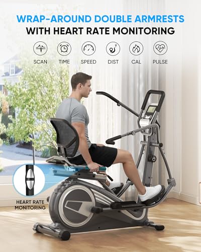 THERUN Recumbent Elliptical Exercise Machine, Quiet Stationary Exercise Bike for Home, 15.8" Stride Elliptical Training Machines w/Arm Leg Exercisers, 8-Level Resistance, Adjustable Seat
