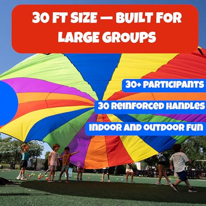Activejoy - Parachute for Kids - 8ft /12ft / 16ft / 20ft / 24 ft / 30ft - Rainbow Parachute Toy with Handles - Great for Gym Class, Field Day & Outdoor Games - size: 30FT - 30 HANDLES