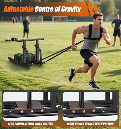 Football Sleds and Chutes, Weight Sled, Workout Fitness Sled for Training- Running Speed, Agility, Soccer, Strength, Adjustable Height Handle, Fits 1" & 2" Weight Plates - color: Black
