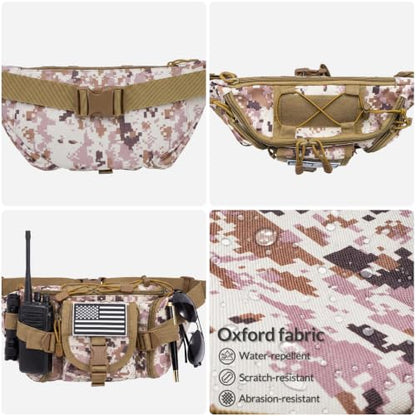Hiking Waist Packs, Tactical Fanny Pack for Men Women, Waist Bag Hip Belt Bag Crossbody with 5 Zipper Pockets, Travel Outdoor Hiking Fishing Bumbag with Patch - Desert Digital Camo - color: Desert Digital Camo