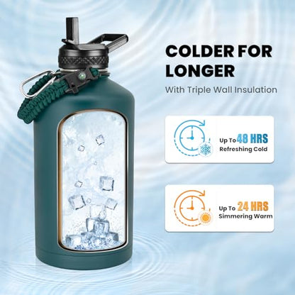 RAYMYLO One Gallon Water Bottle Insulated 128 oz, Stainless Steel - color: Dark Green, size: 128 Ounces
