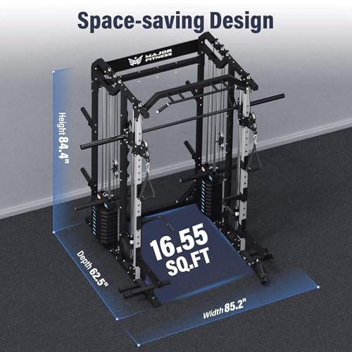 Major Fitness Drone2 Advanced Training Smith Machines– All-in-One Home Gym Squat Rack with Aluminum Pulley Set , Weight Bar, Dual LAT Pull-Down Systems & Cable Crossover Machine for Full-Body Workouts - style: BK D2AW Package(with BK Elite Bench+BK 230lb)