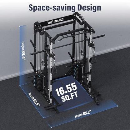 Major Fitness Drone2 Advanced Training Smith Machines– All-in-One Home Gym Squat Rack with Aluminum Pulley Set , Weight Bar, Dual LAT Pull-Down Systems & Cable Crossover Machine for Full-Body Workouts - style: BK D2AW Package(with BK Elite Bench+BK 230lb)