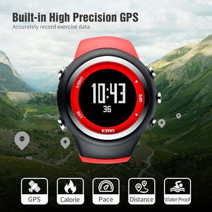 EZON GPS Running Watch with Distance Pace Alarm and Calorie Counter and Stopwatch for Men (Red) - color: Red