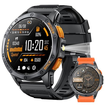 Military Smart Watch for Men, Built-in GPS, 30-day standby, 1.43" AMOLED - color: Black & Orange (2 Bands)