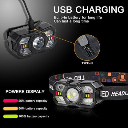 KunHe 20 Pack led Rechargeable Headlamp Flashlight Headlight Motion Sensor 10 Mode for Outdoor Camping Gear Hiking Fishing Running Cycling Headlight Emergency Lights for Home - size: 20 PACK