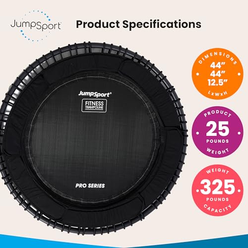 JumpSport 550 Workout Rebounder for Adults, 44" | PRO CE | Mini Exercise Fitness Trampoline Jumper with Cables | Black - color: Matte Black, style: Solid Frame / Petal Mat