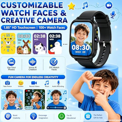 Kids Smart Watch Gifts for Boys Girls, 1.85" Fitness Tracker Watch with AI - color: Black