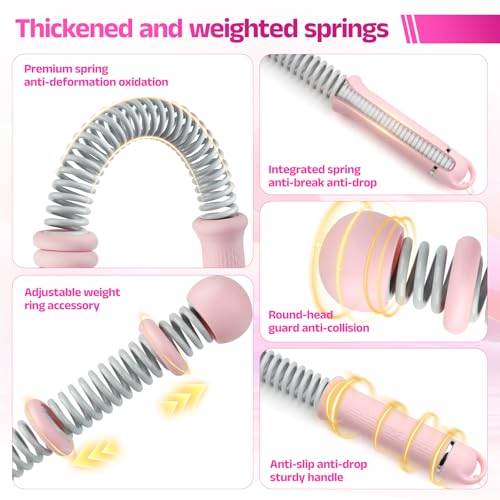 Red O Weighted Ropeless Battle Ropes—Portable Arm Exerciser with Adjustable Rings, Heavy-Duty Steel Spring Rope for HIIT, Strength & Full-Body Training, Non-Slip Handle, Includes Workout Poster (Pink) - color: Pink