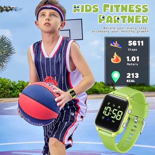 Kids Digital Watches for Boys Girls, Sports Watch with Fitness Tracker, Pedometer, Alarm Clocks, Stopwatch, No App Needed Waterproof Kids Watch, Gift for Teens Student Girls Boys Ages 5-14 - color: Green
