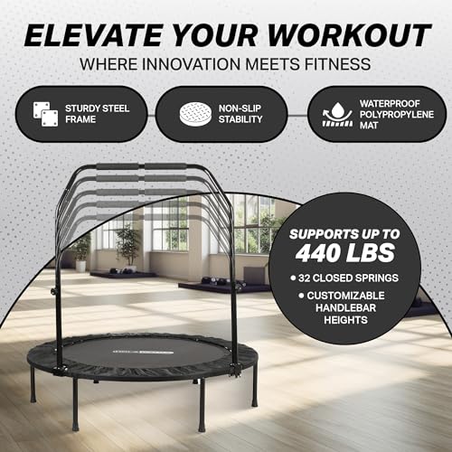 HolaHatha Foldable Mini Trampoline Fitness Rebounder for Home Gym Workouts – with 5-Level Adjustable Handle, Heavy-Duty Steel Frame, Portable Design, and Supports up to 440 Pounds
