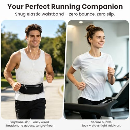 Slim Running Belt Fanny Pack for Men and Women – No-Bounce Waist Pack for Phone, Fits iPhone 17 Pro Max, Sweatproof 3-Pocket Pouch for Runners, Gym, Hiking (Black) - color: Black