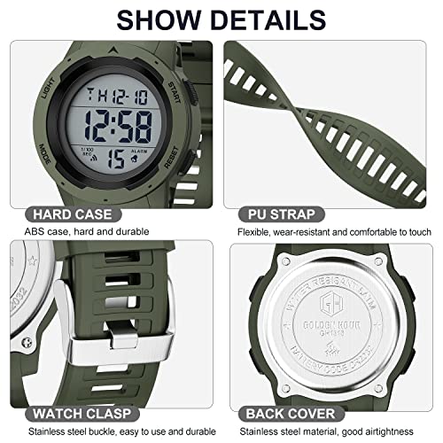 GOLDEN HOUR Mens Waterproof Digital Sport Watches Wide Screen Easy Read Display Military Style with Rubber Strap - color: green