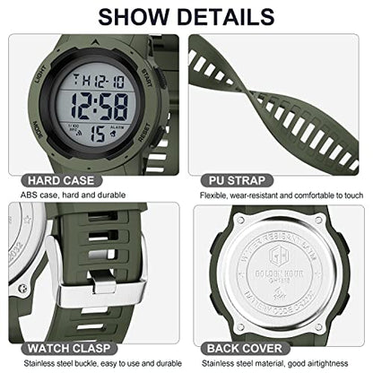 GOLDEN HOUR Mens Waterproof Digital Sport Watches Wide Screen Easy Read Display Military Style with Rubber Strap - color: green