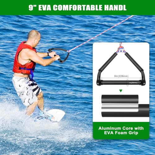 Dolibest 75FT Floating Water Ski Rope with Comfortable Handle, 4-Section Adjustable Wakeboard Tow Rope for Wakeboarding,Waterskiing,Kneeboarding & Tubing, 1600LB Strength & Reinforced End - color: White + Red + Blue (with Foam)