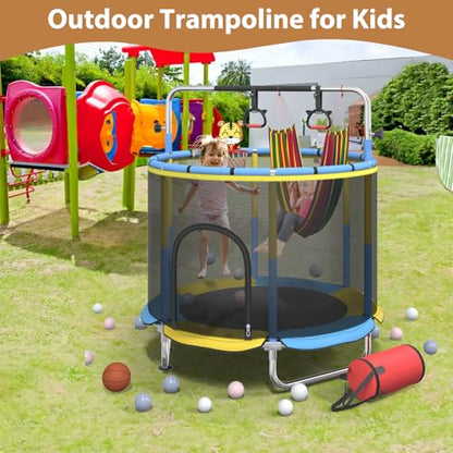 60" Indoor Trampoline for Kids with Safety Net, 440lbs Small Outdoor Kids Trampoline with Swing, Adjustable Gym Bar and Basketball Hoop, Fun & Active Play for Boys and Girls, Yellowishblue