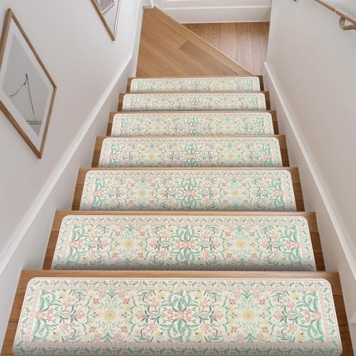 OJIA Pink Floral Stair Treads for Wooden Steps 15PCS 8"x30" Stair Runner - color: Pink-floral, size: 15PCS