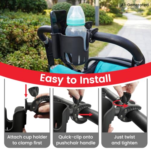 2-in-1 Universal Stroller Cup Holder with Phone Holder - Black