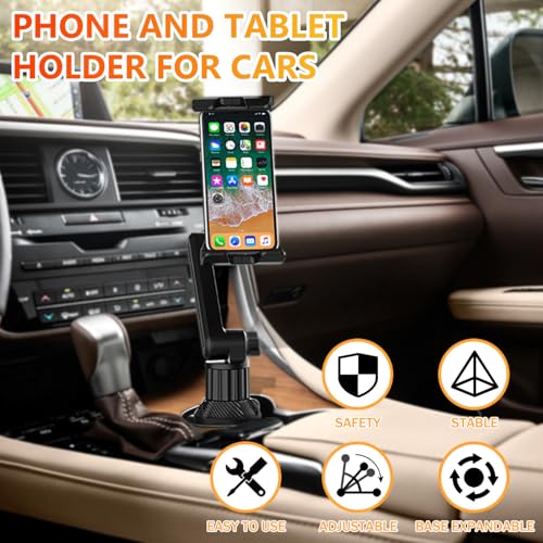 WUITIN Cup Holder Car Tablet Mount for Car, 360° Adjustable 15" Long 2-Arm Stand Holder for iPad,Samsung Galaxy Tab/Z Fold 4/3, iPhone 15/14/Pro, 4.7-12.9" Tab &Phone