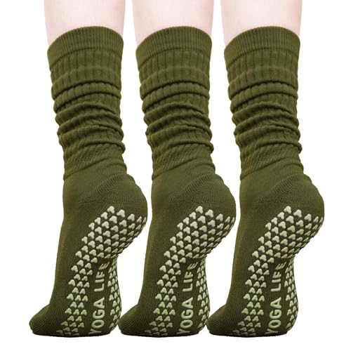 Grip Pilates Socks for Women Mid Calf Slouch Yoga Socks with Non Slip Grippers - color: Green-3pk