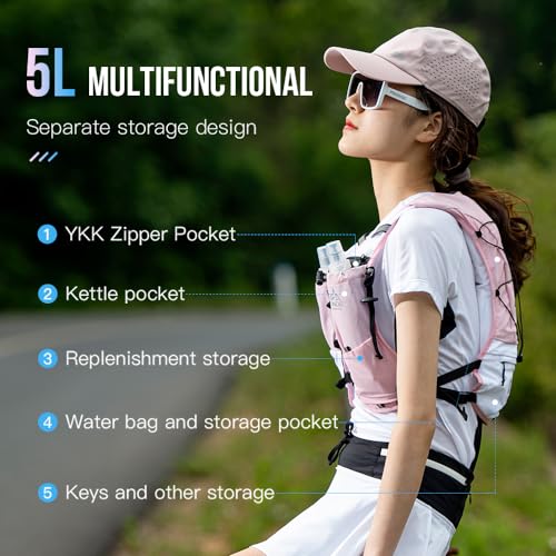 ICE FLAME Hydration Backpack Vest, 5L Multifunctional Outdoor Running Backpack fit 6.8 Inches Phone for Marathon Training, Hiking, Trail and Walking - style: Pink 1.5L bladder & 2*500ml flask