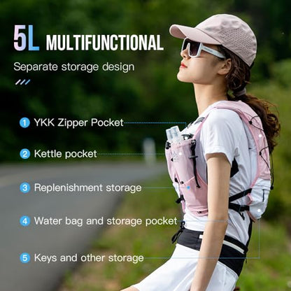 ICE FLAME Hydration Backpack Vest, 5L Multifunctional Outdoor Running Backpack fit 6.8 Inches Phone for Marathon Training, Hiking, Trail and Walking - style: Pink 1.5L bladder