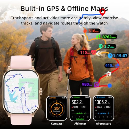 Smart Watch, GPS & Free Maps, 1.96" HD Screen, AI, Bluetooth Call & Text - color: Pink