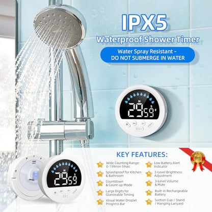 Waterproof Shower Timer for Bathroom Kitchen with Countdown Count-up, White