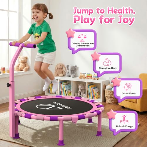ANCHEER 38" Toddler Trampoline for Kids, ASTM Certified Foldable Mini Trampoline with Adjustable Foam Handle, Indoor & Outdoor Kids Trampoline, Quiet Design, 200 LBS Capacity, Easy Assembly - color: Soft Pink