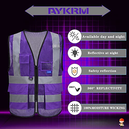 A-SAFETY High Visibility Mesh Vest with 7 Pockets, Front Zipper, Purple, S - color: Purple Mesh, size: Small